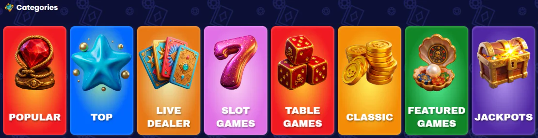 Bubbles Bet casino game categories including slots, live dealer, table games, jackpots and featured games